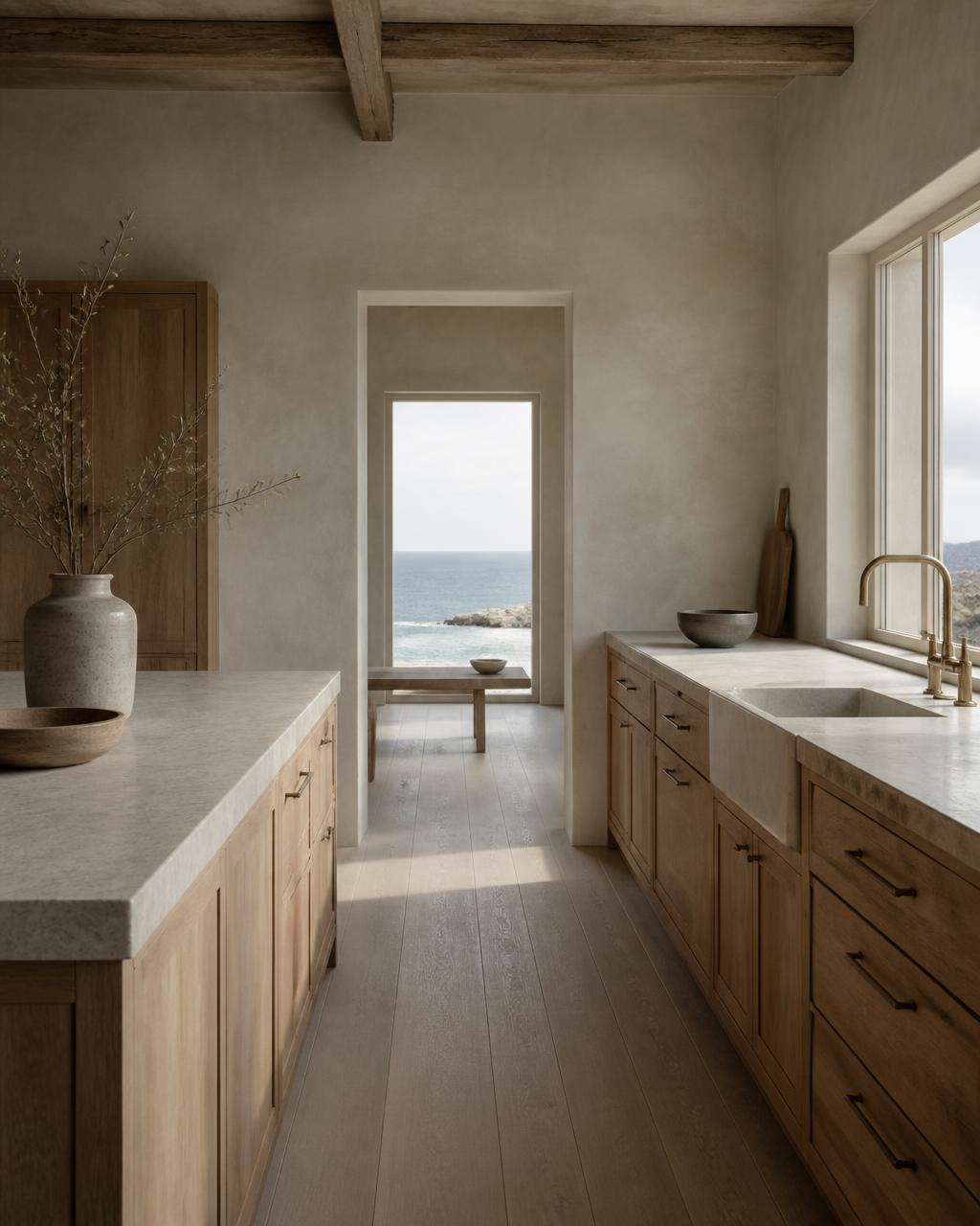 Limewashed coastal kitchen with unlacquered oak cabinetry