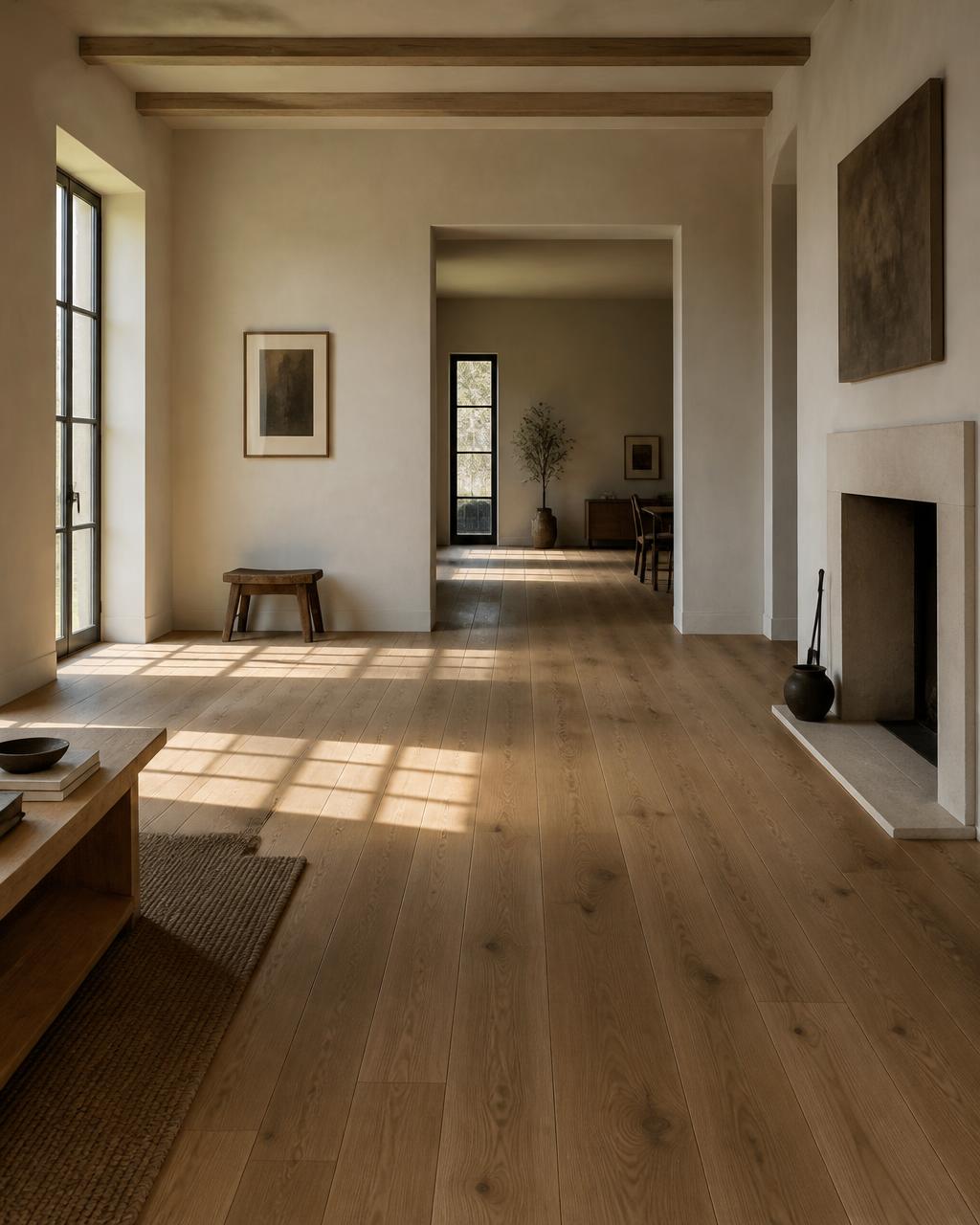 Wide oak-floored living hall with morning light across the boards